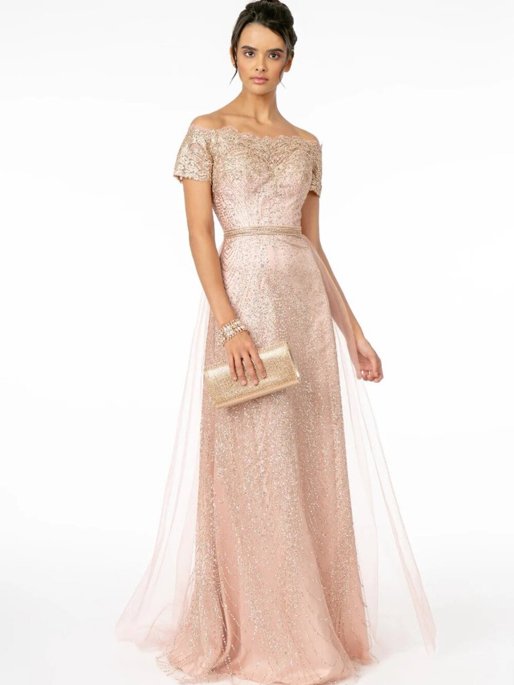 NEW ROSE GOLD Mesh & Glitter Evening Gown Floor Length Embellished GL2942
